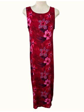 Vintage 90s Notations Jewel Reds Foral Rayon Maxi Dress M Sleeveless Side Slits